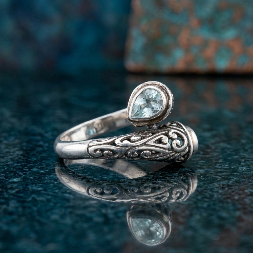 Blue Topaz Bali Legacy Sterling Silver Bypass Ring 1.30 CTW